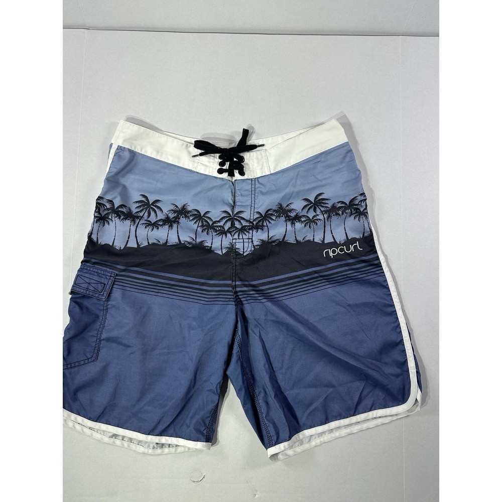 Rip Curl Board Shorts Men's 34 Blue Palm Tree Graphic Surf Swim Trunks Beachwear